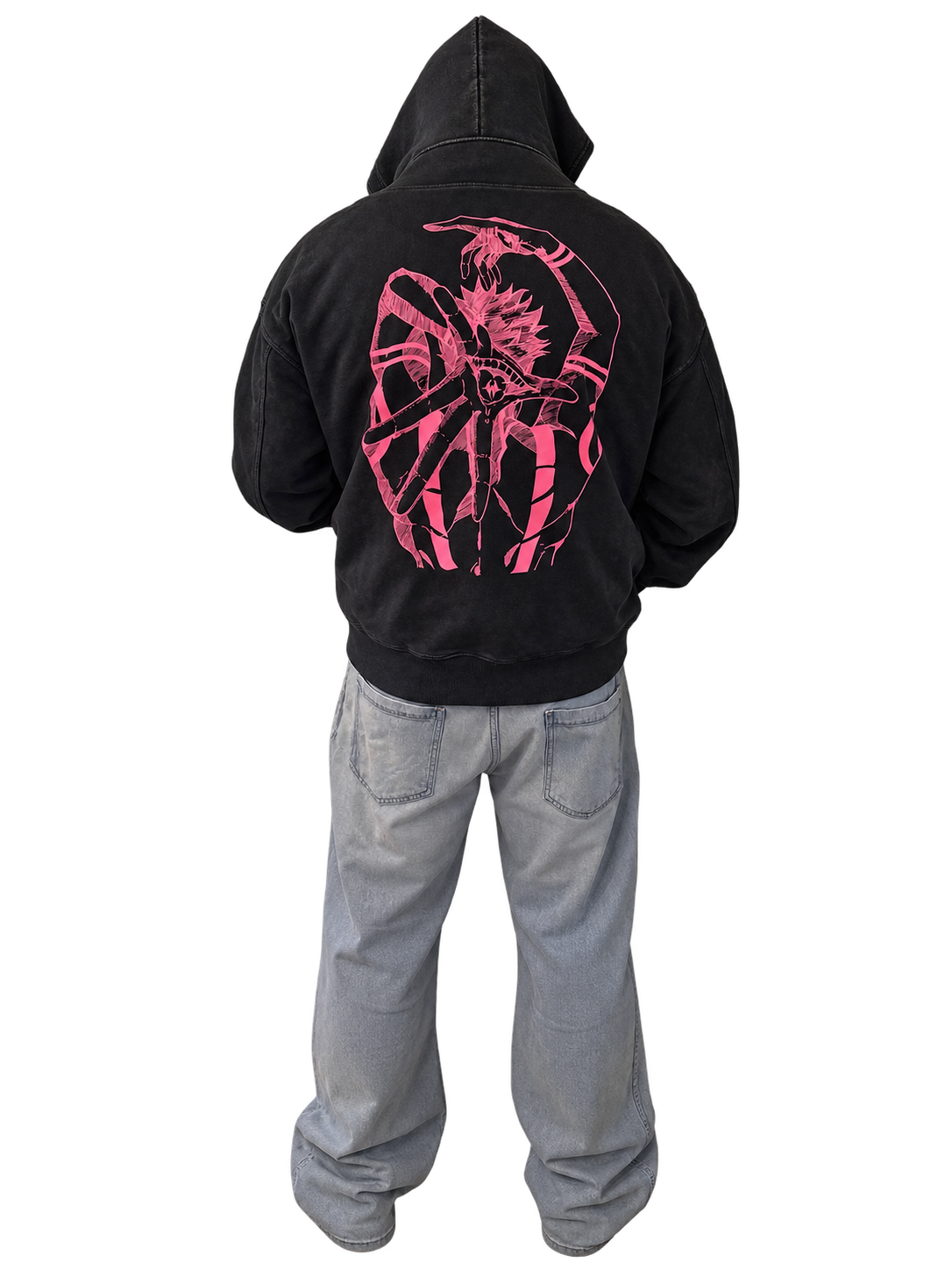 Trey Plescher, seen from behind, wearing a black hoodie with a dramatic pink ink-style graphic across the back.